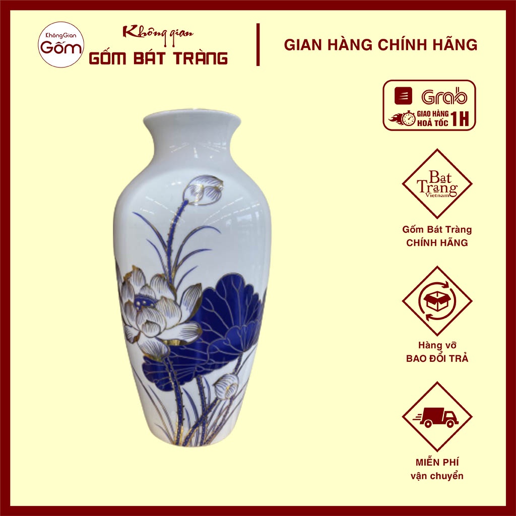 Bình hoa sứ trắng Bát Tràng hoa sen xanh chỉ vàng in decal