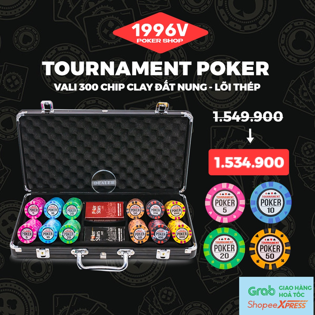 Vali 300 chip Poker có số, phỉnh Tournament Poker chip set Pocker đất nung - 1996V Poker Shop