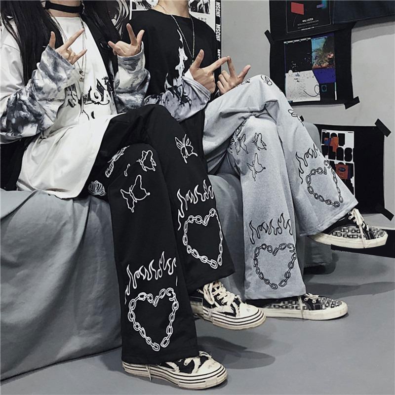 Brroa Quần Dài Lưng Cao Dây Rút In Họa Tiết Bướm / Ngọn Lửa Phong Cách Gothic Harajuku Cho Nam Và Nữ