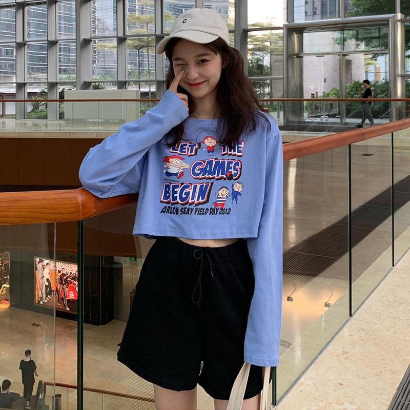 Áo Thun Croptop Tay Dài Kiểu Hàn Quốc 2 Màu Lựa Chọn Cho Nữ