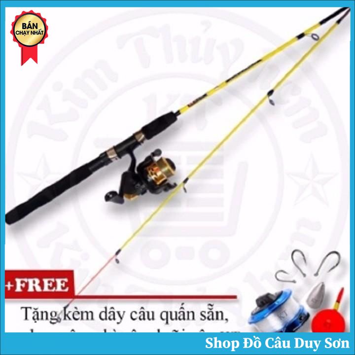 Bộ Cần câu máy 2 khúc Đặc ruột 2m1 KT A1 Yellow + Kèm Máy câu + Dây câu, Phao câu, Chì câu, Lưỡi câu