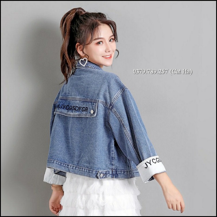Aó khoác jean nữ xám xanh form dưới 58Kg SKJY lật tay 2 BB12