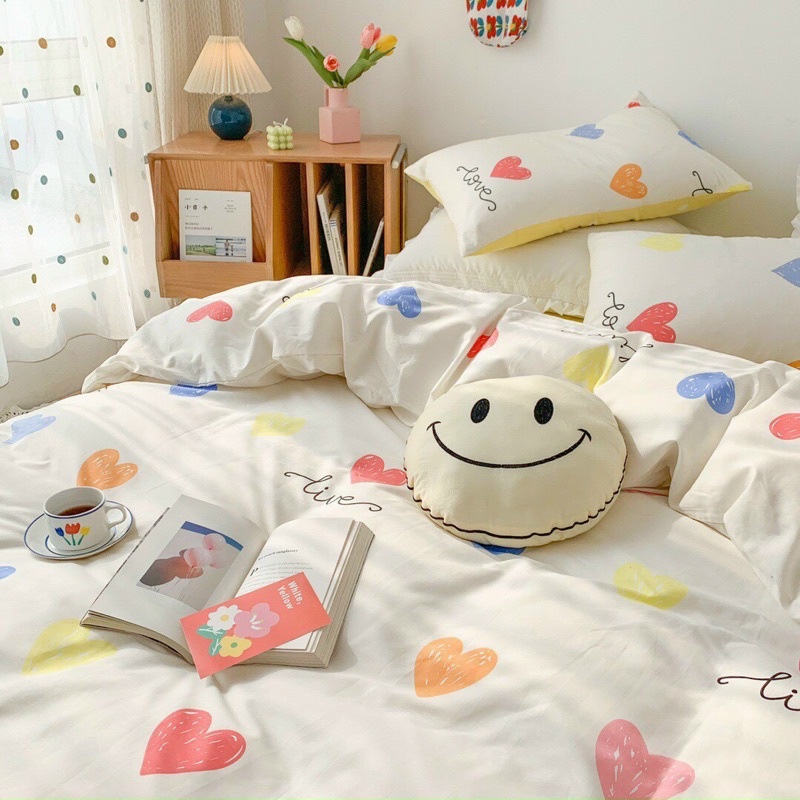 Bộ chăn ga Cotton Poly hoạ tiết tim nhiều màu nền vàng hồng MÂY BEDDING đủ kích thước nệm | WebRaoVat - webraovat.net.vn