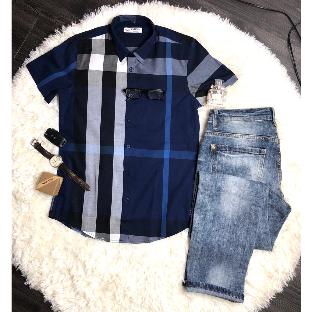 Áo sơ mi nam ngắn tay áo sơ mi BBR họa tiết kẻ to 100% cotton xịn màu tím than