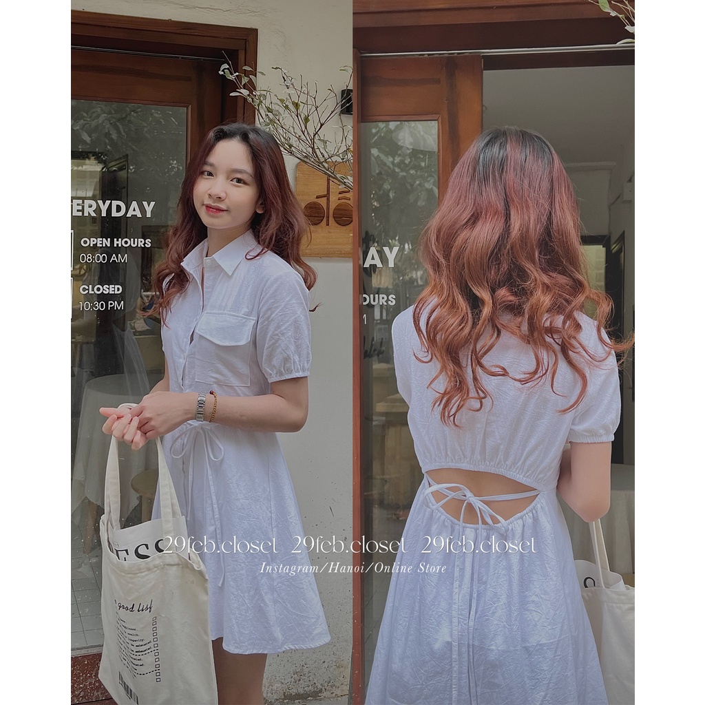 [Ảnh thật/Video] Váy sơ mi đũi trắng hở lưng thắt nơ eo 29feb.closet V6