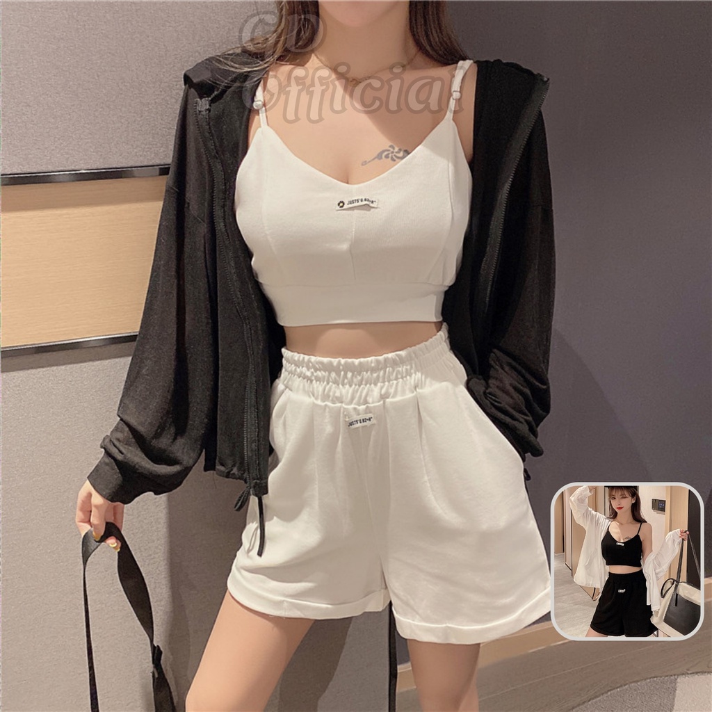 B2|Set bộ nữ khoác dài tay rộng thụng thể thao, áo lót hai dây croptop,quần đùi ngắn dáng ngố màu trắng, đen GD Official