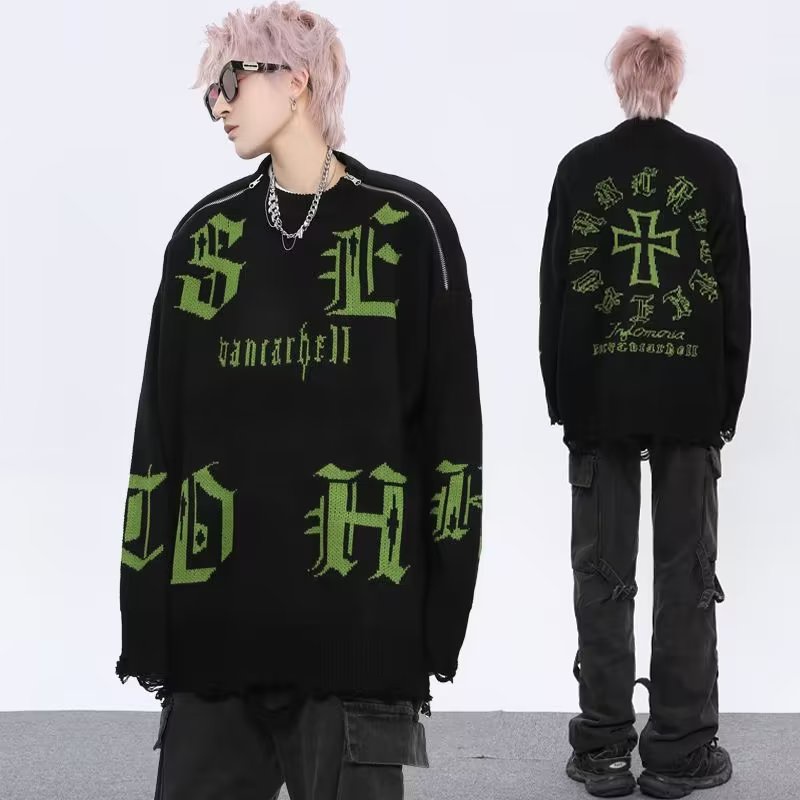 ✦ AFFLIGE ✦Áo Sweater Dệt Kim Cổ Tròn Dáng Rộng In Họa Tiết Đục Lỗ Thời Trang Thu Đông Cho Nam