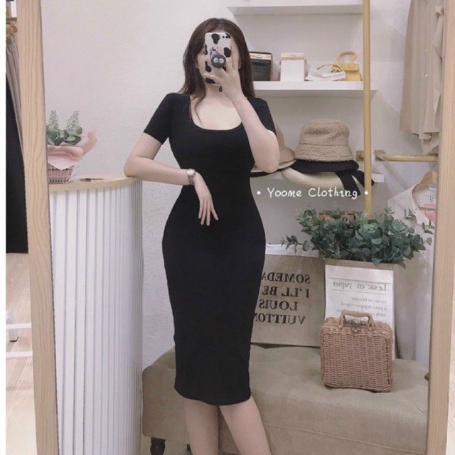 Váy body cổ U dáng qua gối, Đầm ôm ngắn tay cổ vuông VS1601 - NhiNhi Shop
