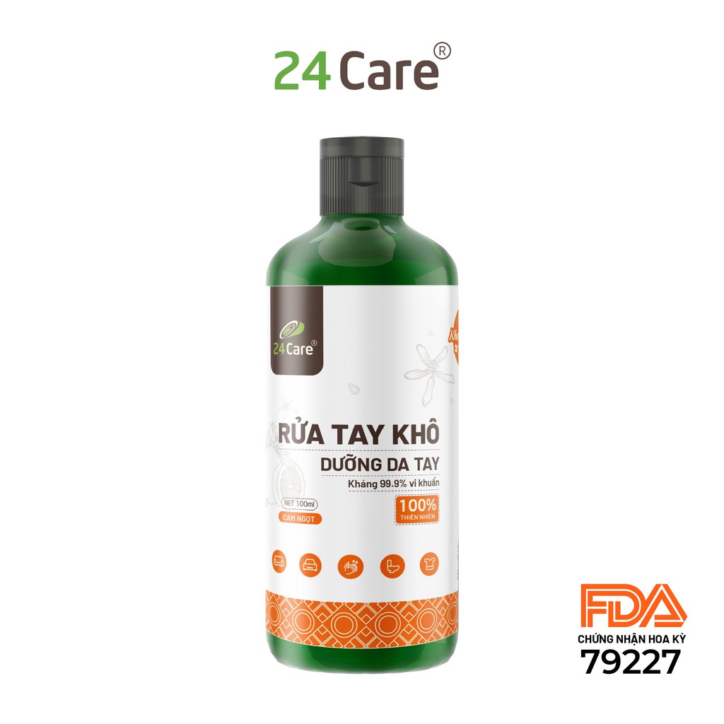 Nước rửa tay khô tinh dầu Cam 24Care 100ML– không cần rửa lại với nước, diệt khuẩn 99,9%