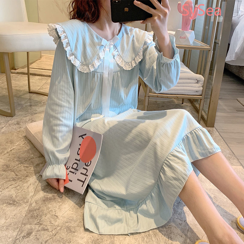 Đầm ngủ tay dài dáng rộng thiết kế thắt nơ thời trang dễ thương cho nữ