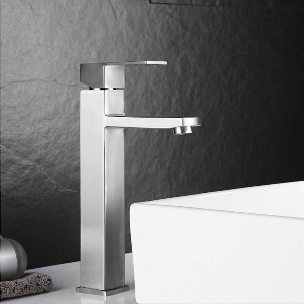 Vòi bồn rửa mặt, vòi Lavabo nóng lạnh inox 304 mờ thiết kế thân vuông chắc chắn phân loại 20cm và 30 cm kèm dây NL