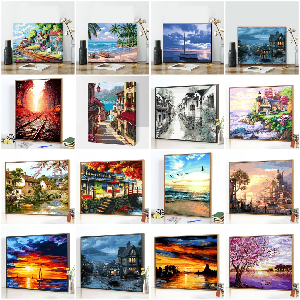 [Order-Sẵn tranh 10,12 khung 2.5cm, 7,14 khung 1.6cm]Tranh sơn dầu số hóa tự tô màu hình phong cảnh