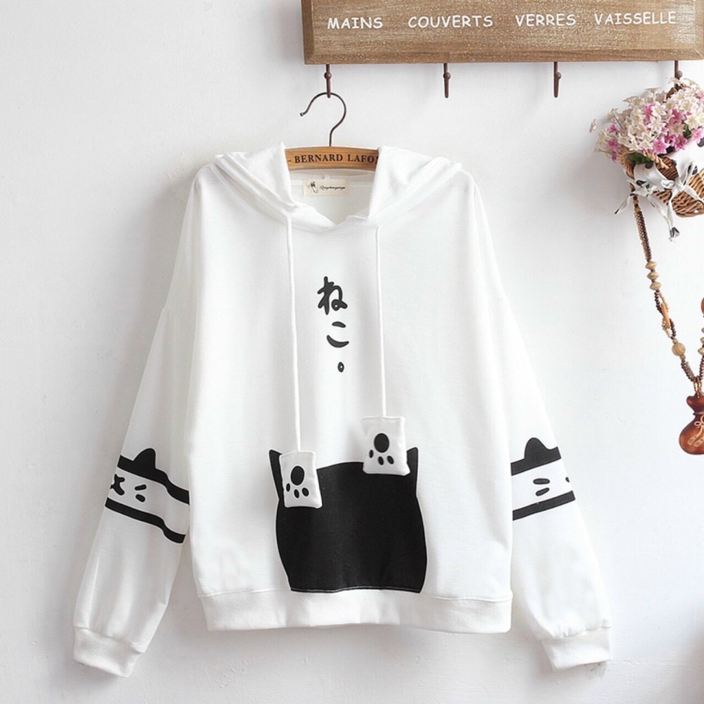 Áo hoodie form rộng nam nữ thời trang dấu chân mèo đơn giản trắng đen | BigBuy360 - bigbuy360.vn