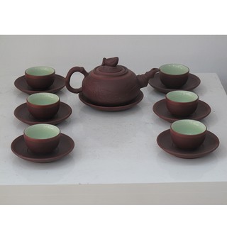 Bộ ấm chén gốm nâu trúc đào