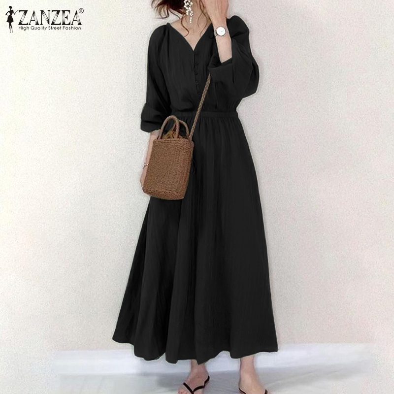 Đầm maxi Zanzea tay dài cổ chữ V thanh lịch dành cho nữ