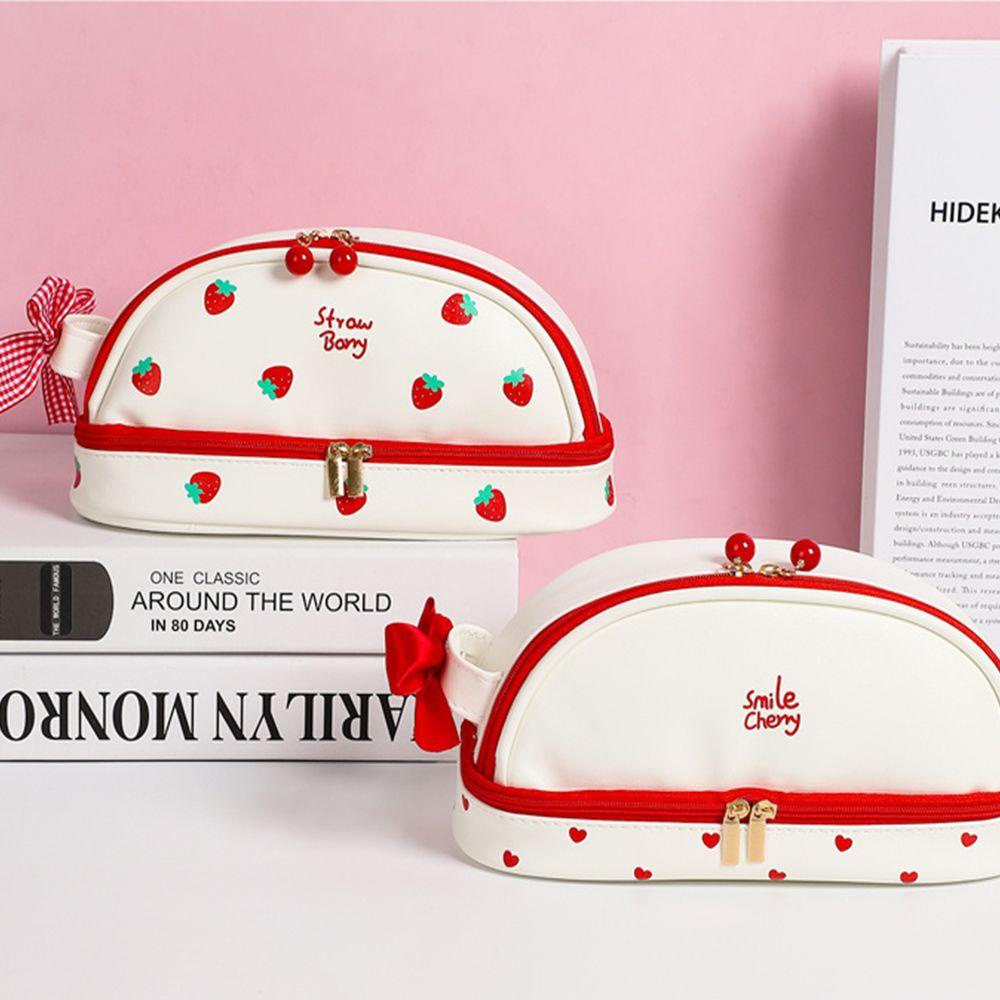 AUGUSTINE Túi Đựng Bút Hai Lớp Sức Chứa Lớn Họa Tiết Dâu Tây Dễ Thương Ốp