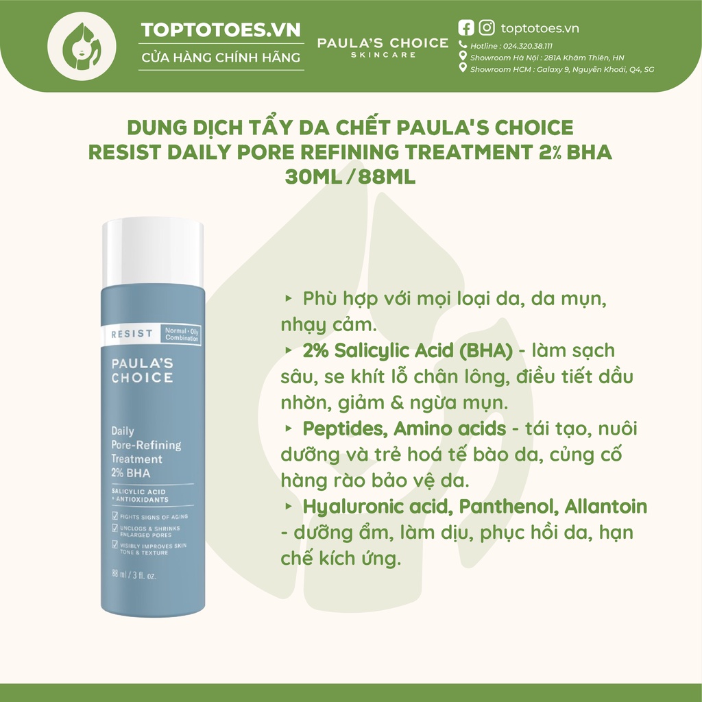 Dung dịch tẩy da chết và trẻ hoá da Paula's Choice Resist Daily Pore Refining Treatment 2% BHA 30ml &amp; 88ml [NKCH 100%]