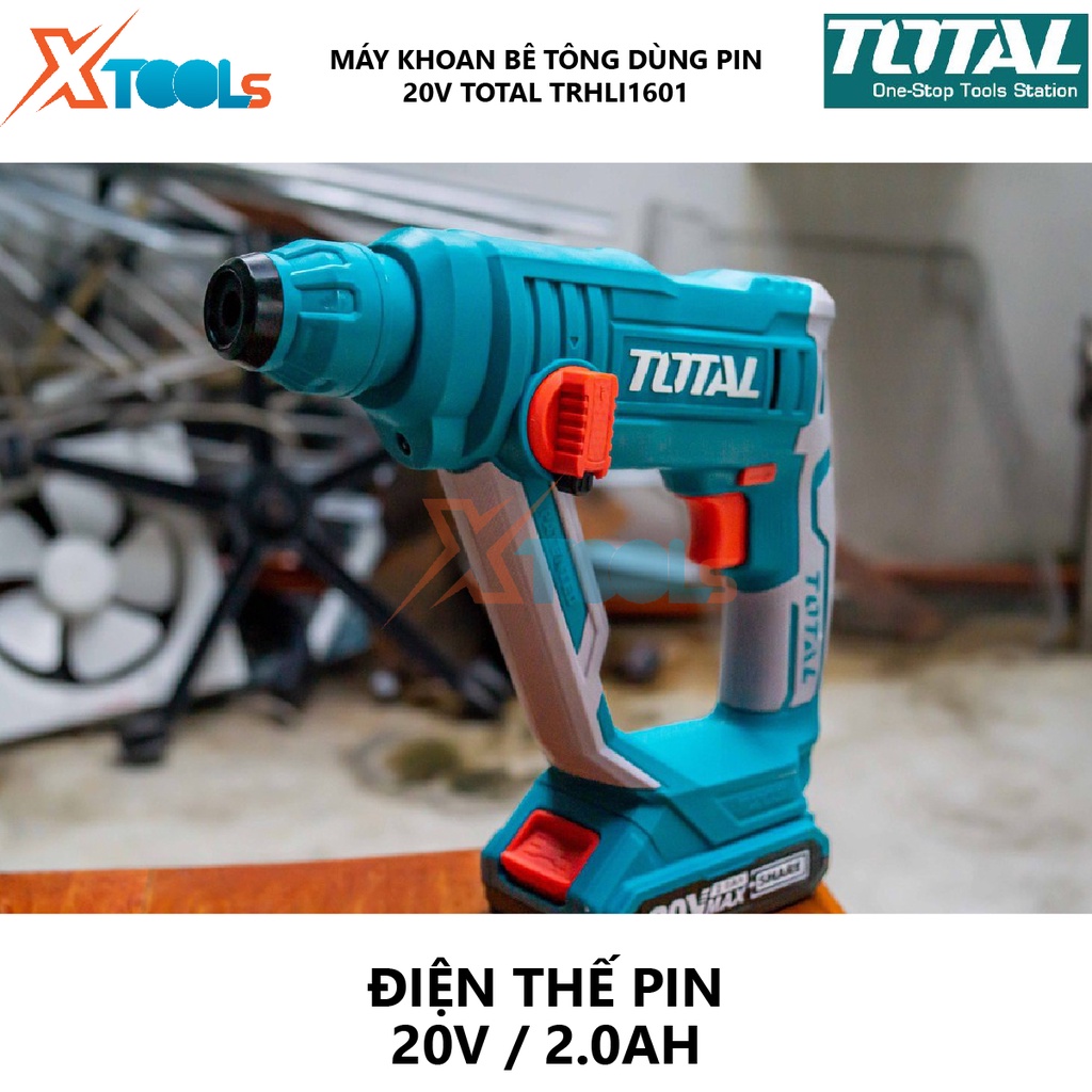 Máy khoan bê tông dùng pin 20V TOTAL TRHLI1601 tốc độ 900rpm, tốc độ búa 5100bpm, khả năng khoan 16 mm, kèm 3 mũi khoan