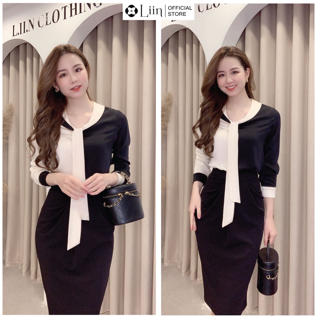 Áo sơ mi nữ dài tay chất vải Lụa Đen Phối Be cách điệu sang chảnh Liin Clothing SM3873
