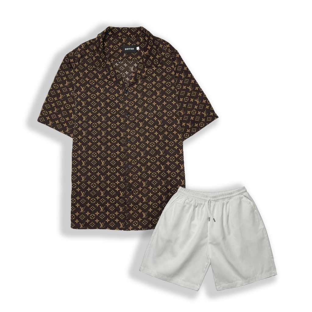 Áo sơ mi cộc tay unisex form rộng họa tiết LV NÂU cho nam nữ | DUYHI