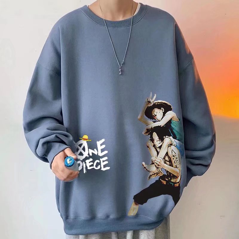 Áo Sweater Tay Dài Cổ Tròn Dáng Rộng In Hình Luffy Và Ace Phong Cách Hip hop Thời Trang Cho Nam Giới Size M-8XL
