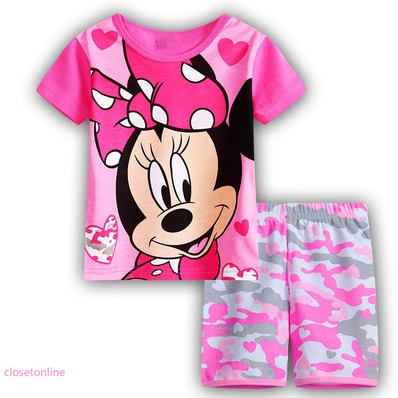 Kids Baby Girls Pajamas Set Summer Shirt Short Sleeve Minnie Mouse Cotton Pants Causal