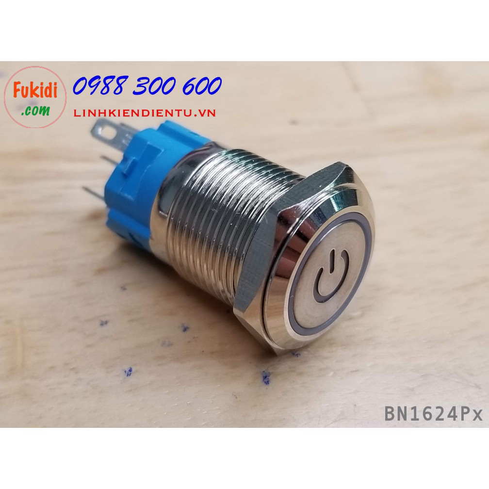 Nút nhấn nhả vỏ kim loại phi 16mm, điện áp 24V, chống thấm nước, đèn hình biểu tượng nguồn