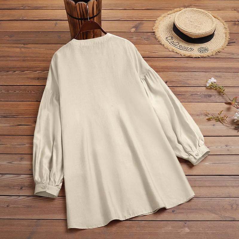Áo sơ mi ZANZEA dáng rộng cổ tròn tay dài màu trơn cài một hàng khuy phong cách retro thời trang thường ngày cho nữ