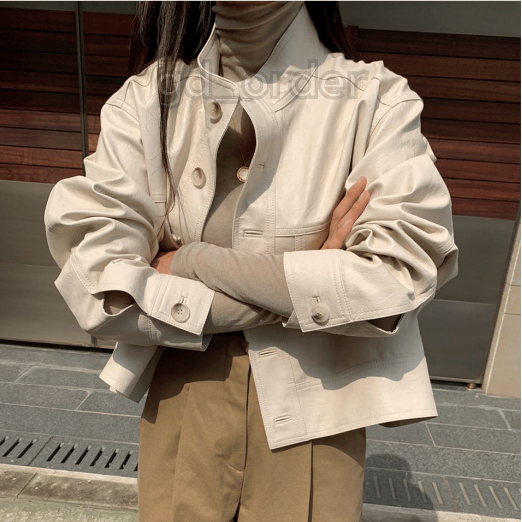 K58|Áo khoác da PU hàn quốc nữ khóa cài croptop dáng ngắn năng động màu đen, be gd_order