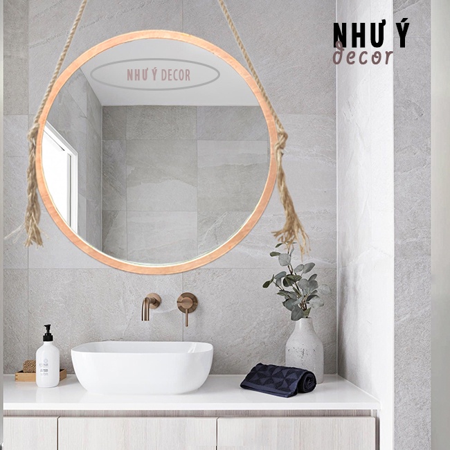 Gương soi nhà tắm tròn viền gỗ treo tường cao cấp D40- Gương tròn decor phòng tắm hoặc phòng ngủ