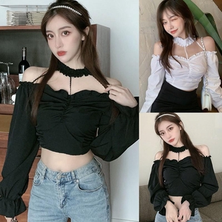 Áo Croptop Tay Dài Trễ Vai Thiết Kế Ôm Sát Quyến Rũ