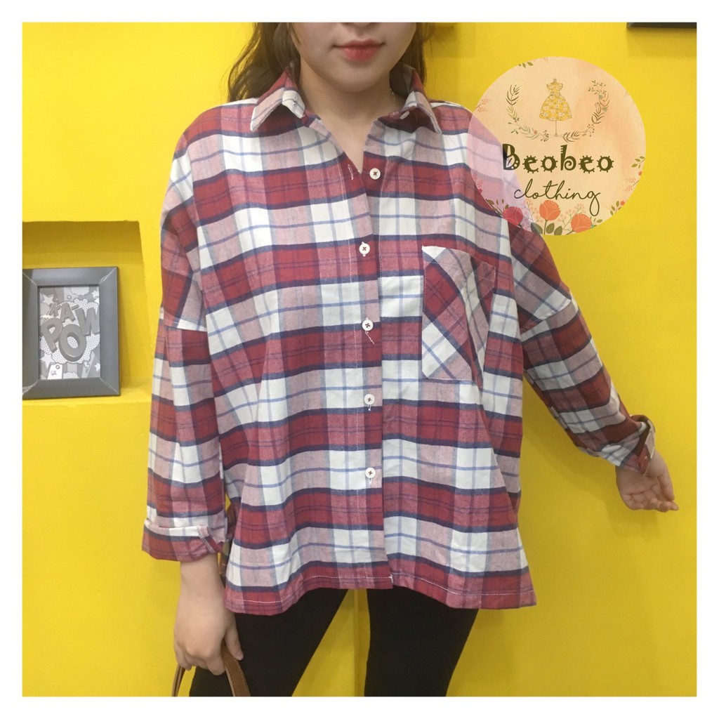 Áo sơ mi oversize sọc caro hồng có túi ulzzang
