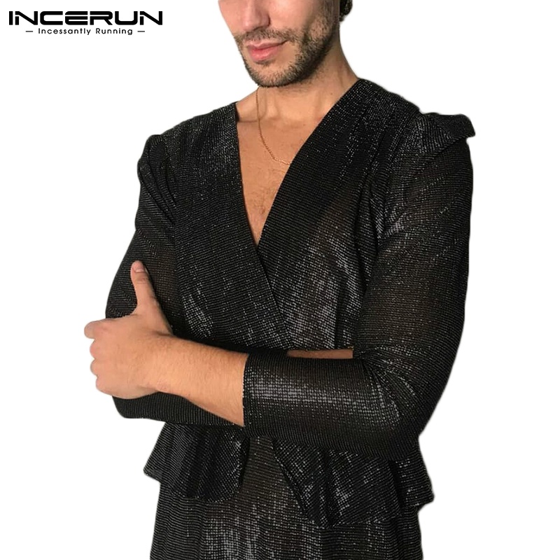 Áo sơ mi INCERUN tay dài cổ chữ v màu đen thời trang cho nam