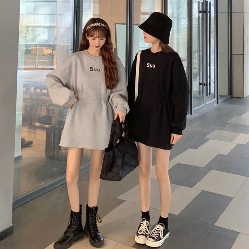Váy Áo Hoodie nữ dáng rộng có mũ nơ bó eo dày thu đông chất dầy nỉ ấm áp khoe dáng sang trọng chân thon dài | BigBuy360 - bigbuy360.vn