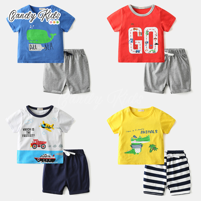 Set Đồ Bộ Ngắn Tay In Họa Tiết Dễ Thương Dành Cho Các Bé