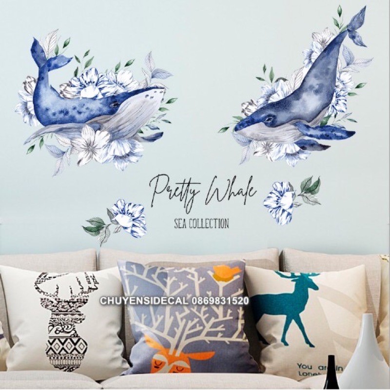Decal dán tường - Cặp Cá Voi Xanh Hoa văn