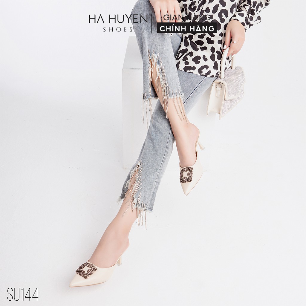 Sục nữ cao gót Hà Huyền Shoes da mũi nhọn đính đá xám gót nhọn 7 phân cao cấp - SU144