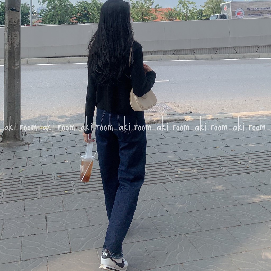 Quần jeans ống suông chỉ nổi tua rua gấu Fanegu 3990 (Xanh đậm)