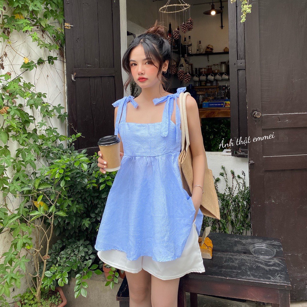 Set Hai Dây Kẻ Xốp Buộc Nơ Kèm Quần Short Trắng Nữ - Sét Đồ Ulzzang Áo Baby Doll Kẻ Caro 3 Màu Siêu Xinh