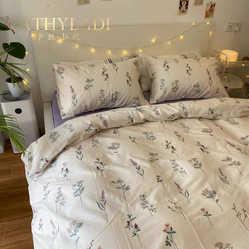 Chăn Ga Gối Cotton Living "Cỏ Nhí Be" - Bộ Chăn Ga Gối Cotton 100% Nhập Khẩu 4 món