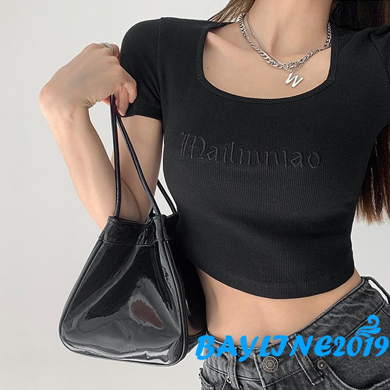 Áo croptop dệt kim tay ngắn cổ vuông thêu chữ thời trang mùa hè năng động cho nữ