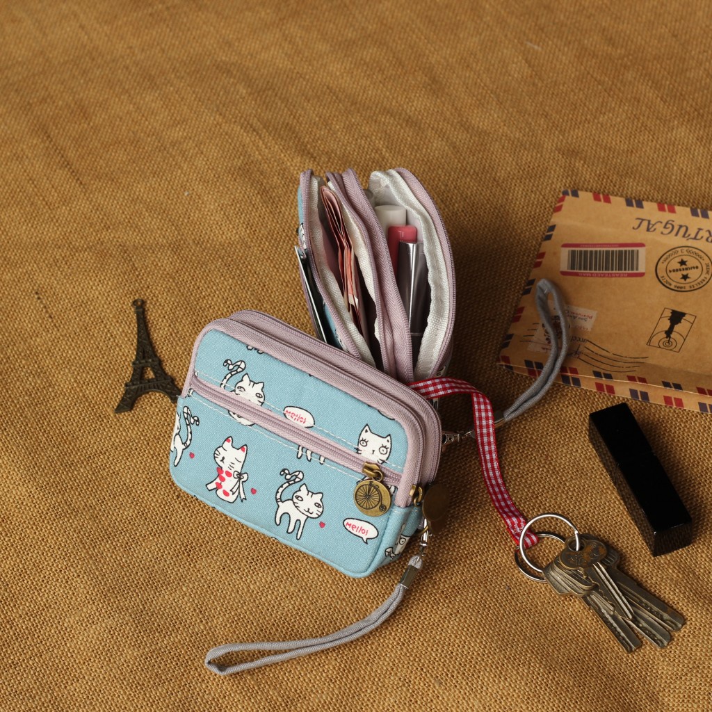 Ví ngắn vải Canvas phối khóa kéo bốn ngăn thời trang cao cấp cho nữ