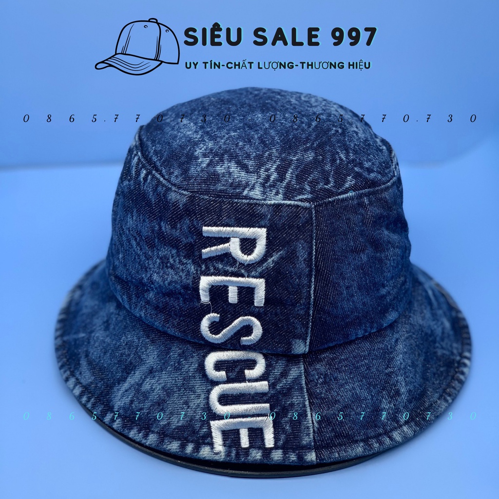 MŨ BUCKET RESCUE CHẤT JEAN THÊU CHỮ  DỌC THỜI TRANG HOT HIT NAM NỮ CAO CẤP