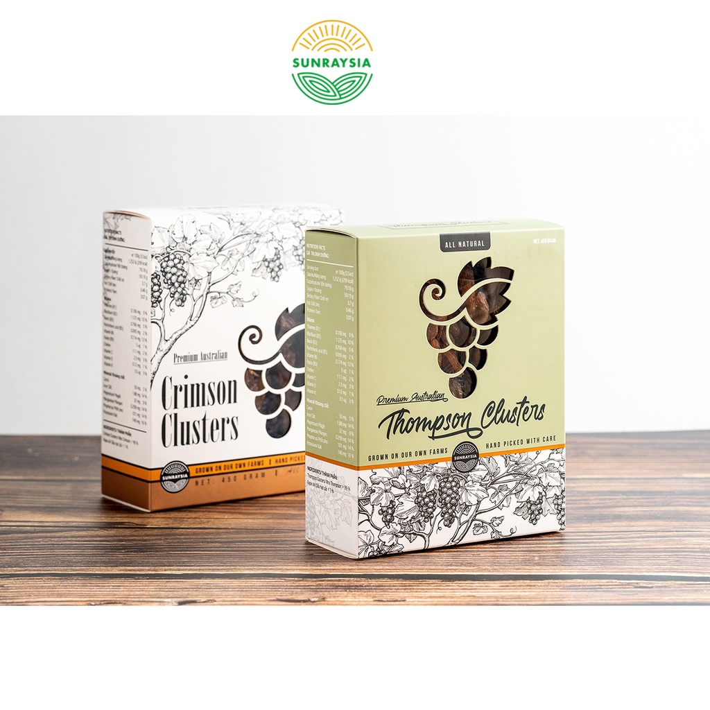 Combo 2 hộp nho khô cao cấp Úc Sunraysia Crimson và Thompson nguyên cành