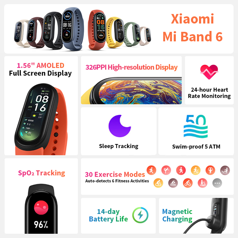 [ Quốc tế ] Vòng đeo tay thông minh Xiaomi Mi band 6 - Vòng tay theo dõi sức khoẻ, tập luyện thể thao - Màu đen