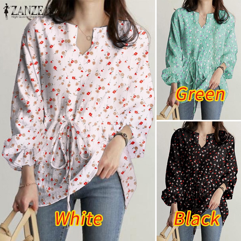 Áo kiểu Zanzea tay phồng cổ chữ V lưng thun rút dây co giãn in hoa thời trang cho nữ
