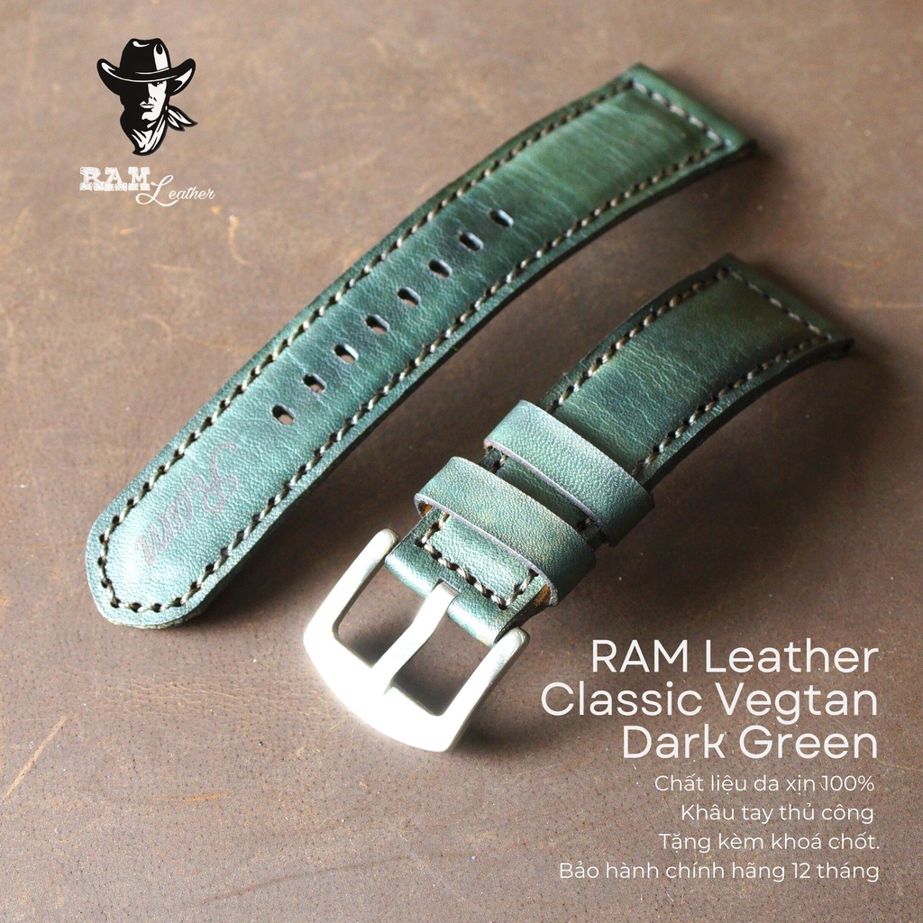 Dây Đồng Hồ AE 1200 WHD Da Bò Thật Bền Đẹp Vegtan Xanh Đậm - RAM Classic 1970