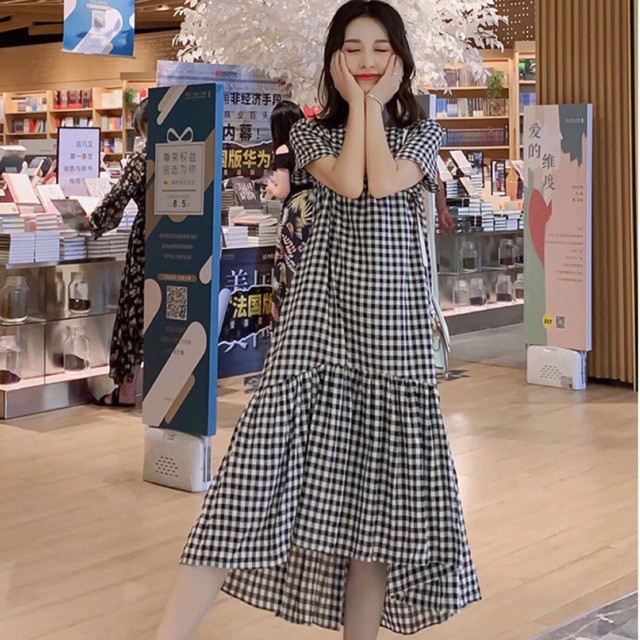 Đầm váy freesize caro đuôi cá lệch tà