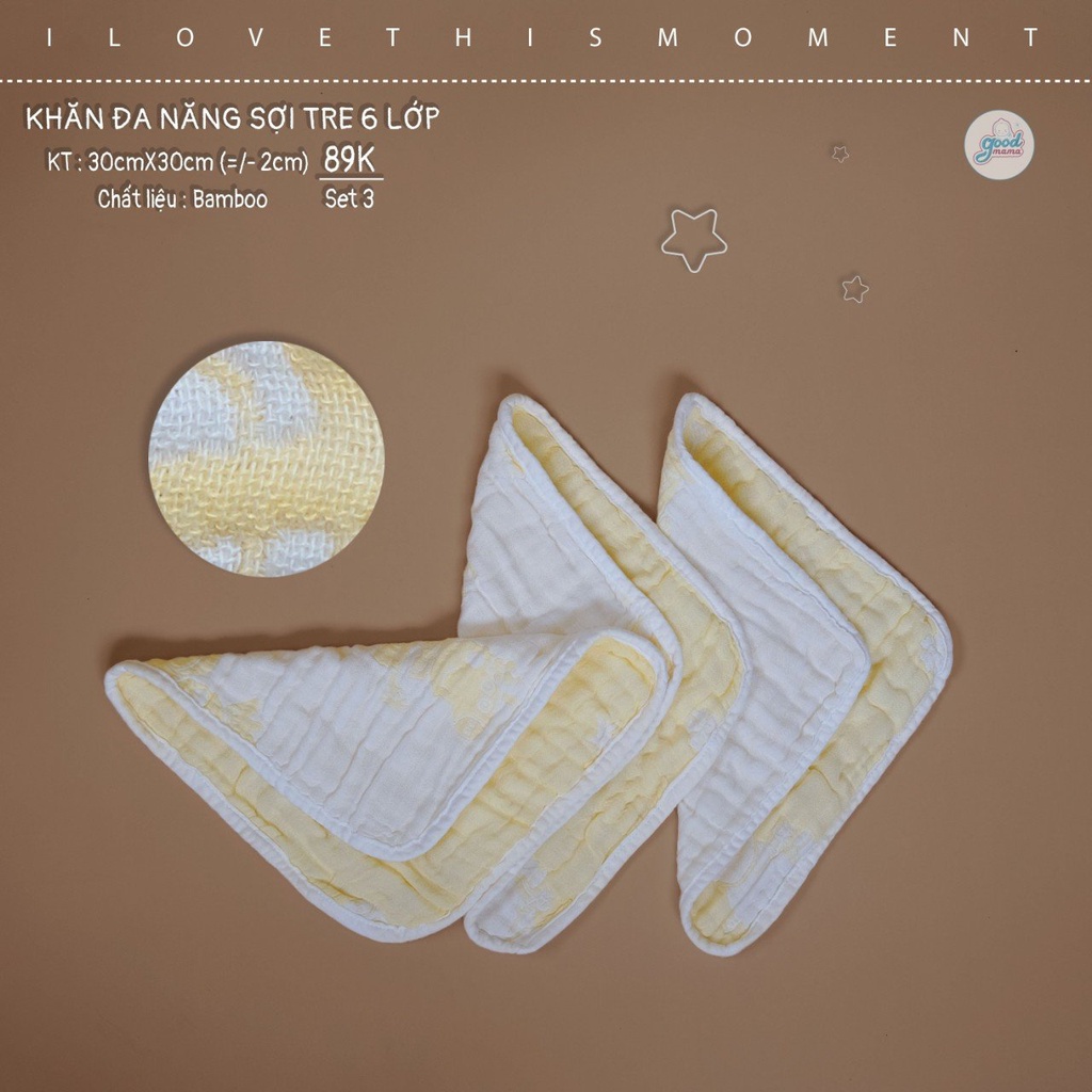 Khăn sữa sợi tre cho bé Goodmama Set 3 cái 30x30cm vải sợi tre 6 lớp mềm mại, bông xốp