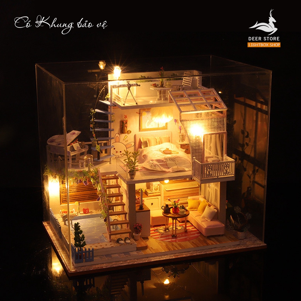 Nhà búp bê tự làm bằng gỗ DIY | Tặng DỤNG CỤ và 2 BÌNH KEO DÁN. Mô hình nhà Meet The Hour có nội thất và đèn led. P005